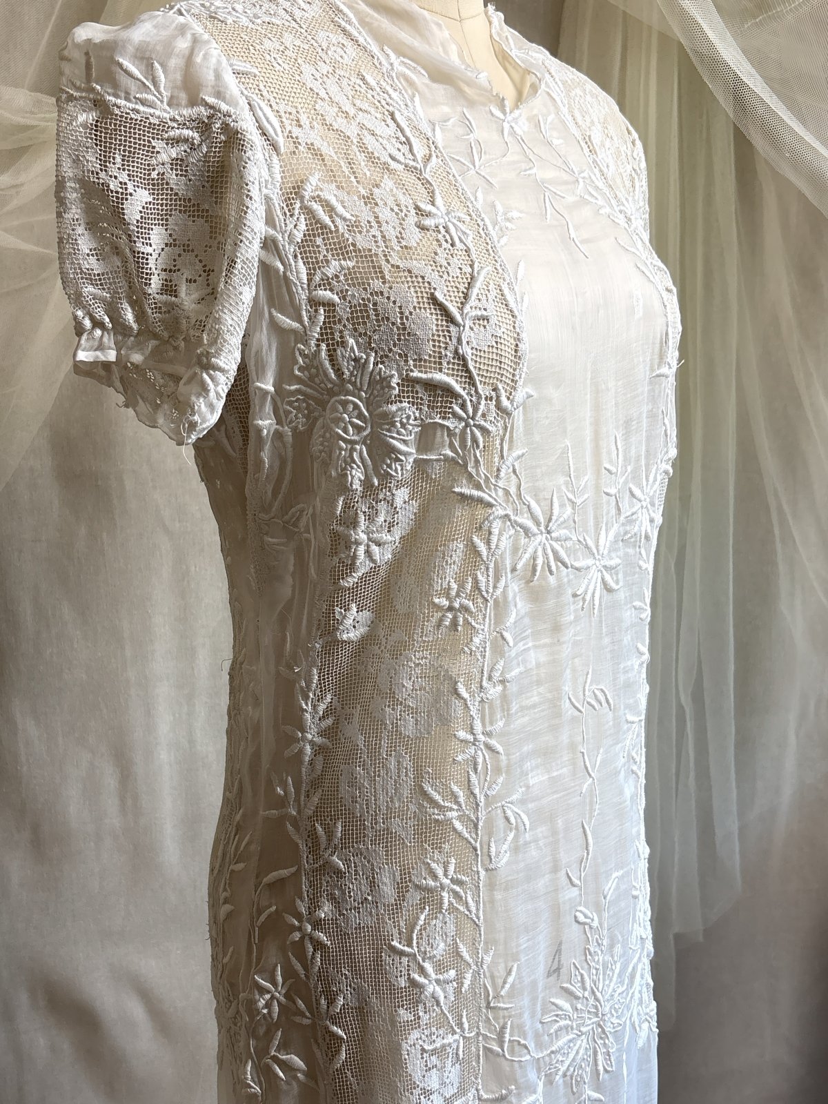 Antique 1920's Dress - Semi - Sheer White Cotton Lawn with Elaborate Mixed Lace & Embroidery | XS, S - Daggers & Dames