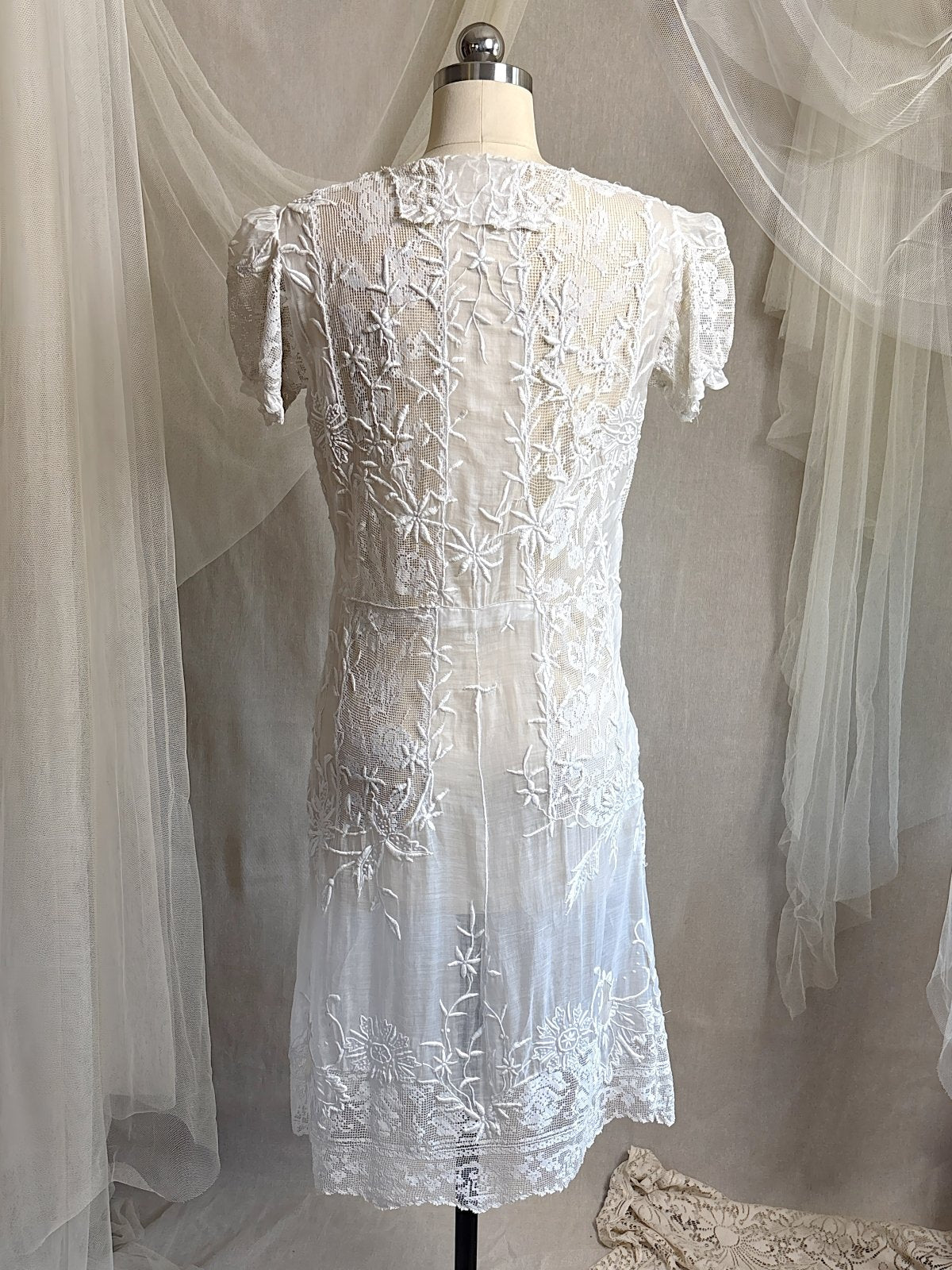 Antique 1920's Dress - Semi - Sheer White Cotton Lawn with Elaborate Mixed Lace & Embroidery | XS, S - Daggers & Dames