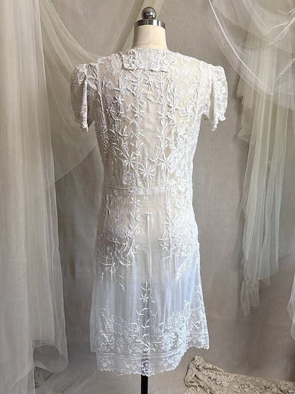 Antique 1920's Dress - Semi - Sheer White Cotton Lawn with Elaborate Mixed Lace & Embroidery | XS, S - Daggers & Dames