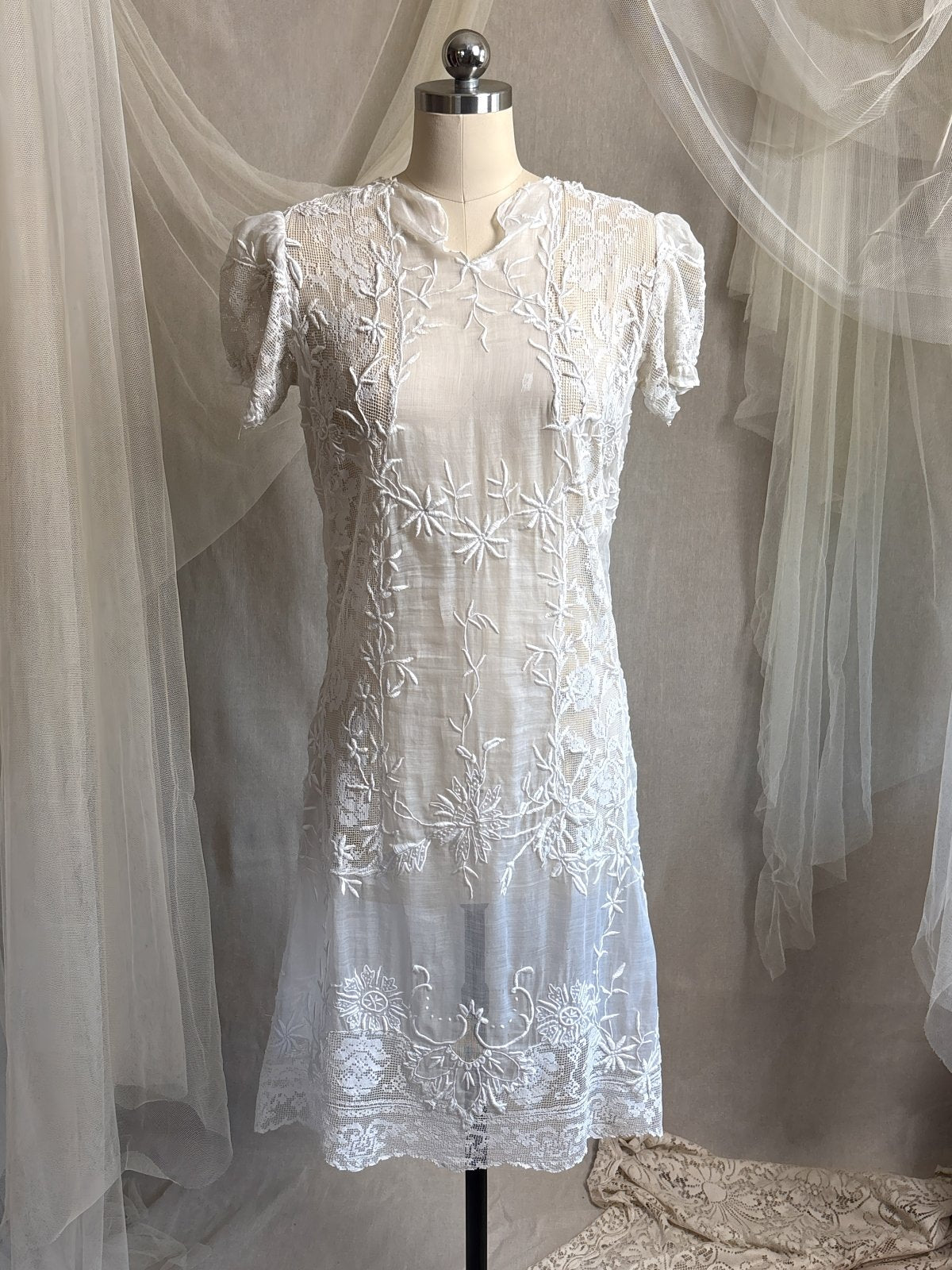 Antique 1920's Dress - Semi - Sheer White Cotton Lawn with Elaborate Mixed Lace & Embroidery | XS, S - Daggers & Dames