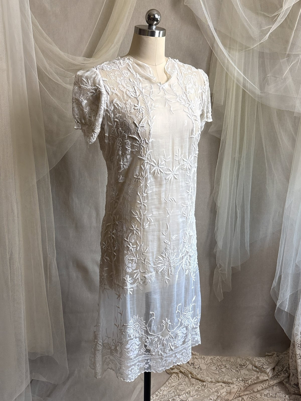 Antique 1920's Dress - Semi - Sheer White Cotton Lawn with Elaborate Mixed Lace & Embroidery | XS, S - Daggers & Dames