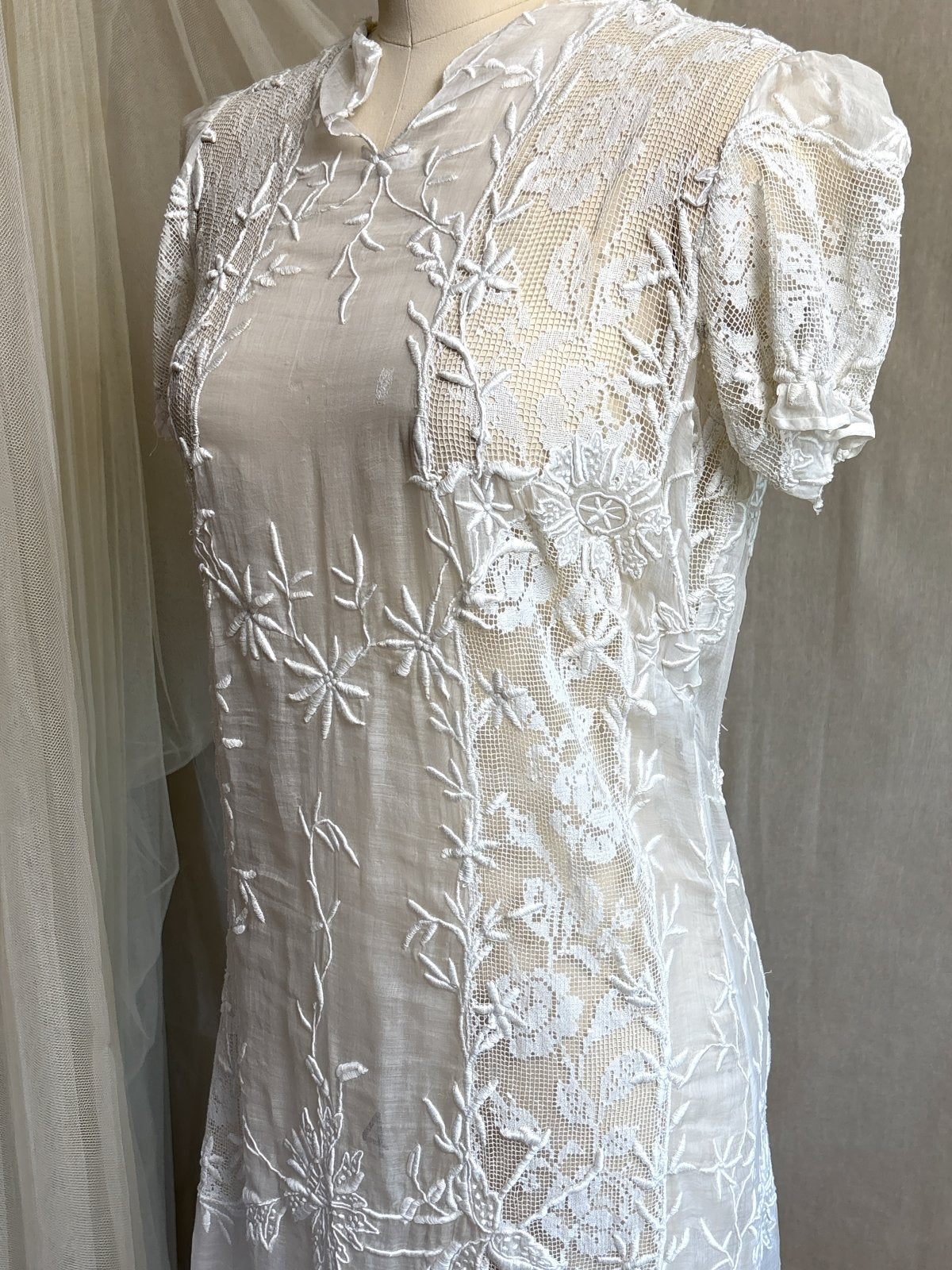 Antique 1920's Dress - Semi - Sheer White Cotton Lawn with Elaborate Mixed Lace & Embroidery | XS, S - Daggers & Dames