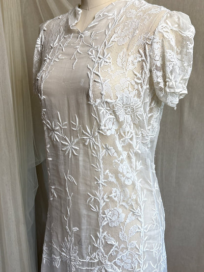 Antique 1920's Dress - Semi - Sheer White Cotton Lawn with Elaborate Mixed Lace & Embroidery | XS, S - Daggers & Dames