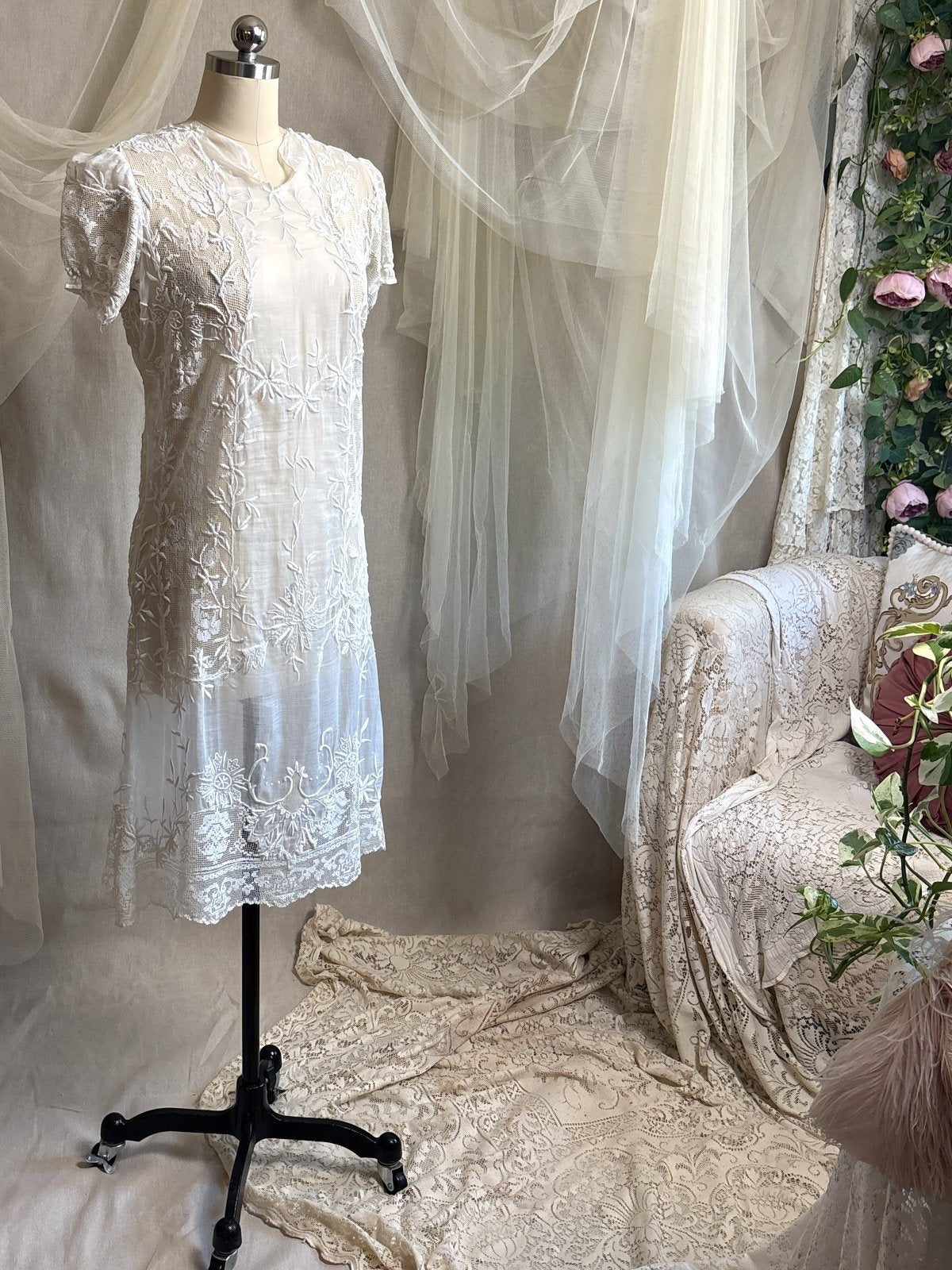 Antique 1920's Dress - Semi - Sheer White Cotton Lawn with Elaborate Mixed Lace & Embroidery | XS, S - Daggers & Dames