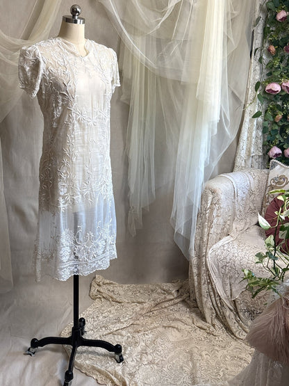 Antique 1920's Dress - Semi - Sheer White Cotton Lawn with Elaborate Mixed Lace & Embroidery | XS, S - Daggers & Dames