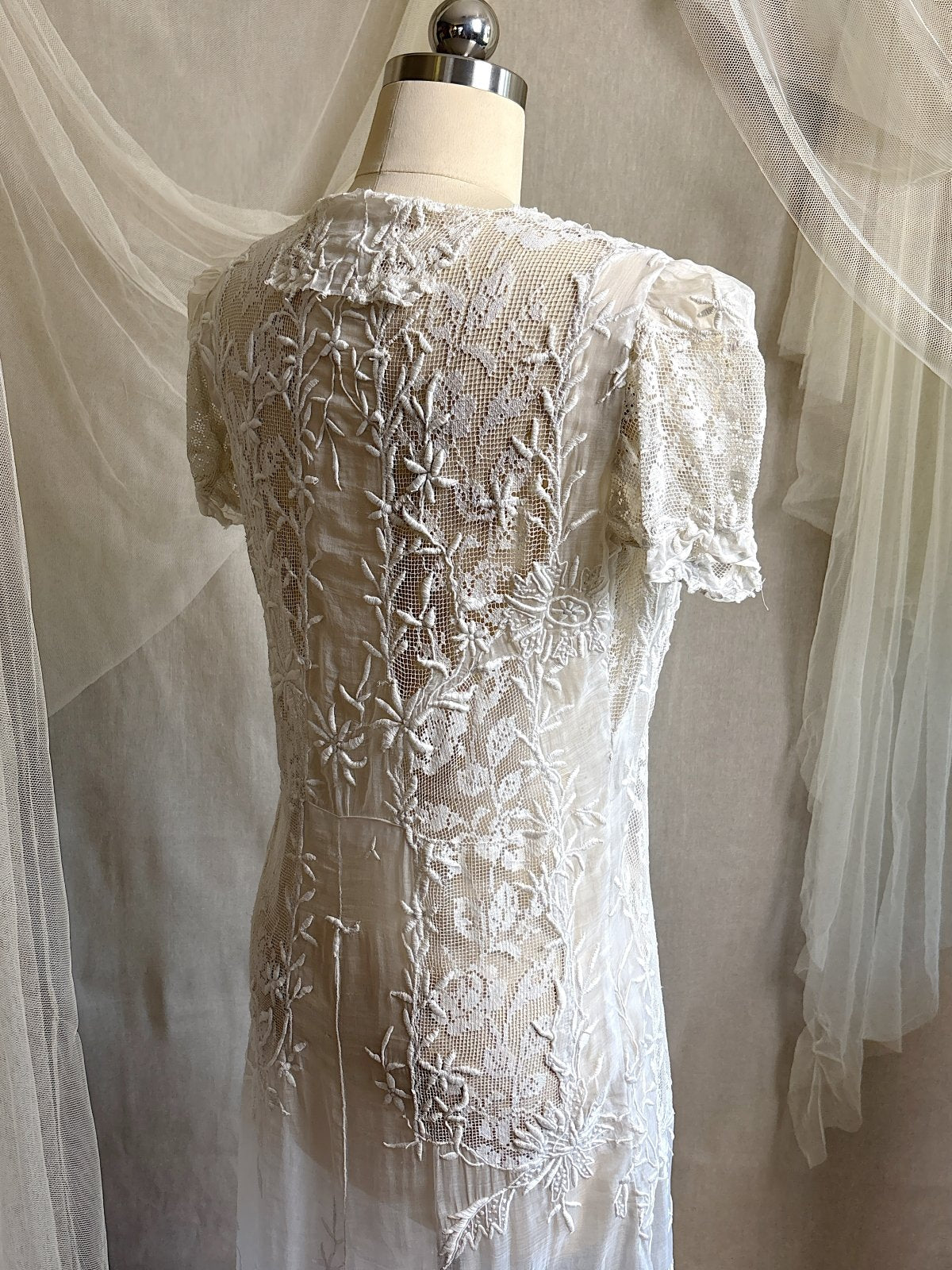 Antique 1920's Dress - Semi - Sheer White Cotton Lawn with Elaborate Mixed Lace & Embroidery | XS, S - Daggers & Dames