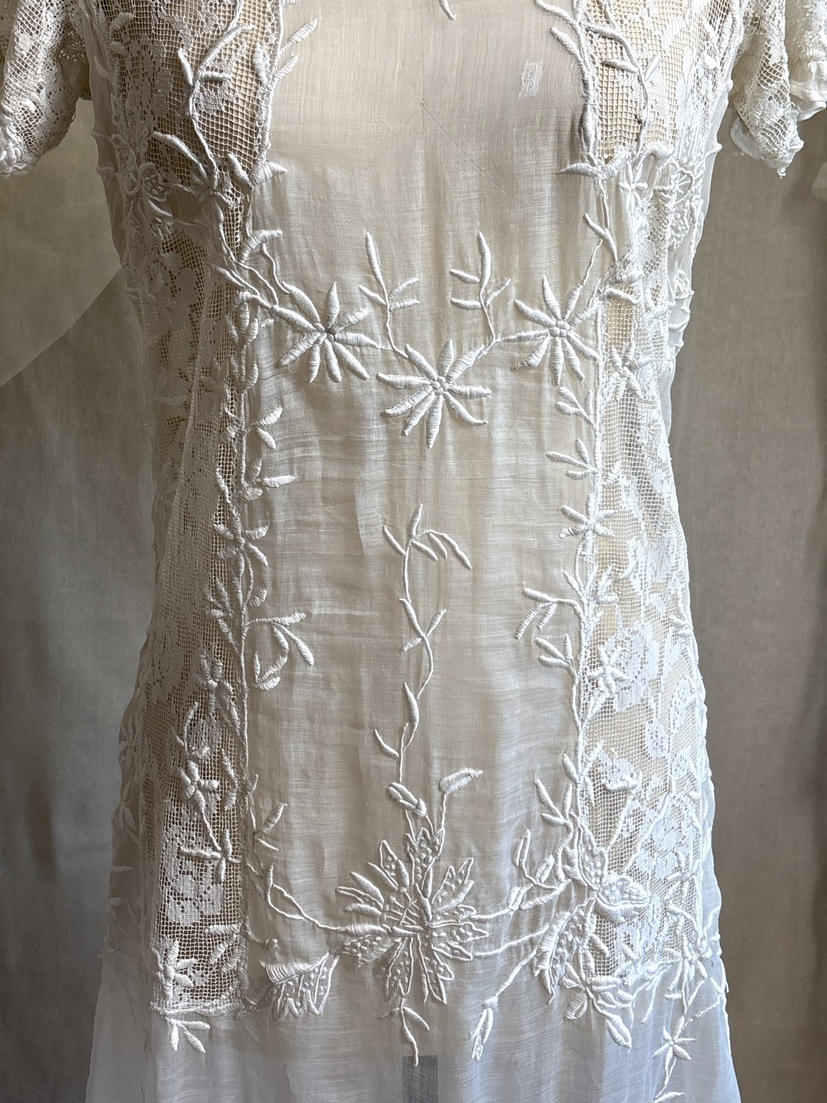 Antique 1920's Dress - Semi - Sheer White Cotton Lawn with Elaborate Mixed Lace & Embroidery | XS, S - Daggers & Dames