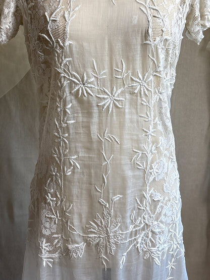 Antique 1920's Dress - Semi - Sheer White Cotton Lawn with Elaborate Mixed Lace & Embroidery | XS, S - Daggers & Dames