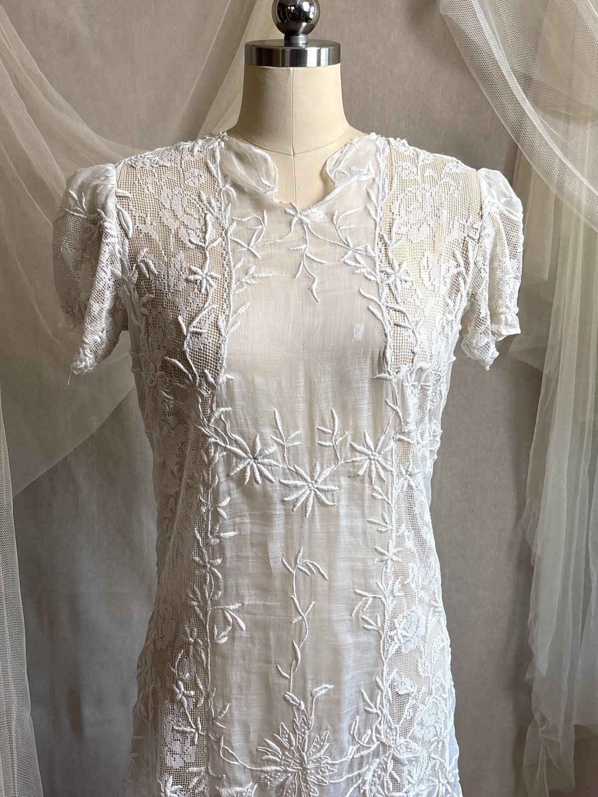 Antique 1920's Dress - Semi - Sheer White Cotton Lawn with Elaborate Mixed Lace & Embroidery | XS, S - Daggers & Dames