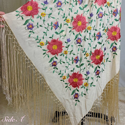 Antique 1920's Embroidered Ivory Silk Piano Shawl with Knotted Fringe - Size 64 x 64 - Daggers & Dames