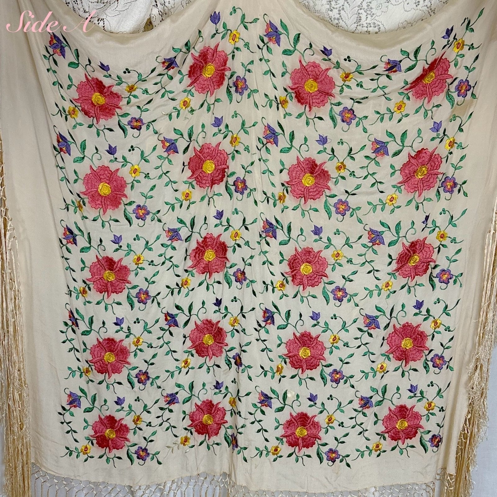 Antique 1920's Embroidered Ivory Silk Piano Shawl with Knotted Fringe - Size 64 x 64 - Daggers & Dames