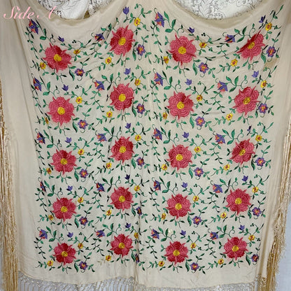 Antique 1920's Embroidered Ivory Silk Piano Shawl with Knotted Fringe - Size 64 x 64 - Daggers & Dames
