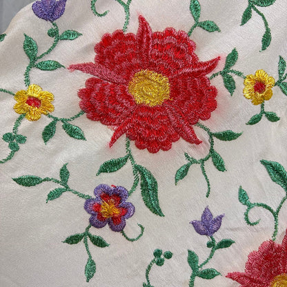 Antique 1920's Embroidered Ivory Silk Piano Shawl with Knotted Fringe - Size 64 x 64 - Daggers & Dames