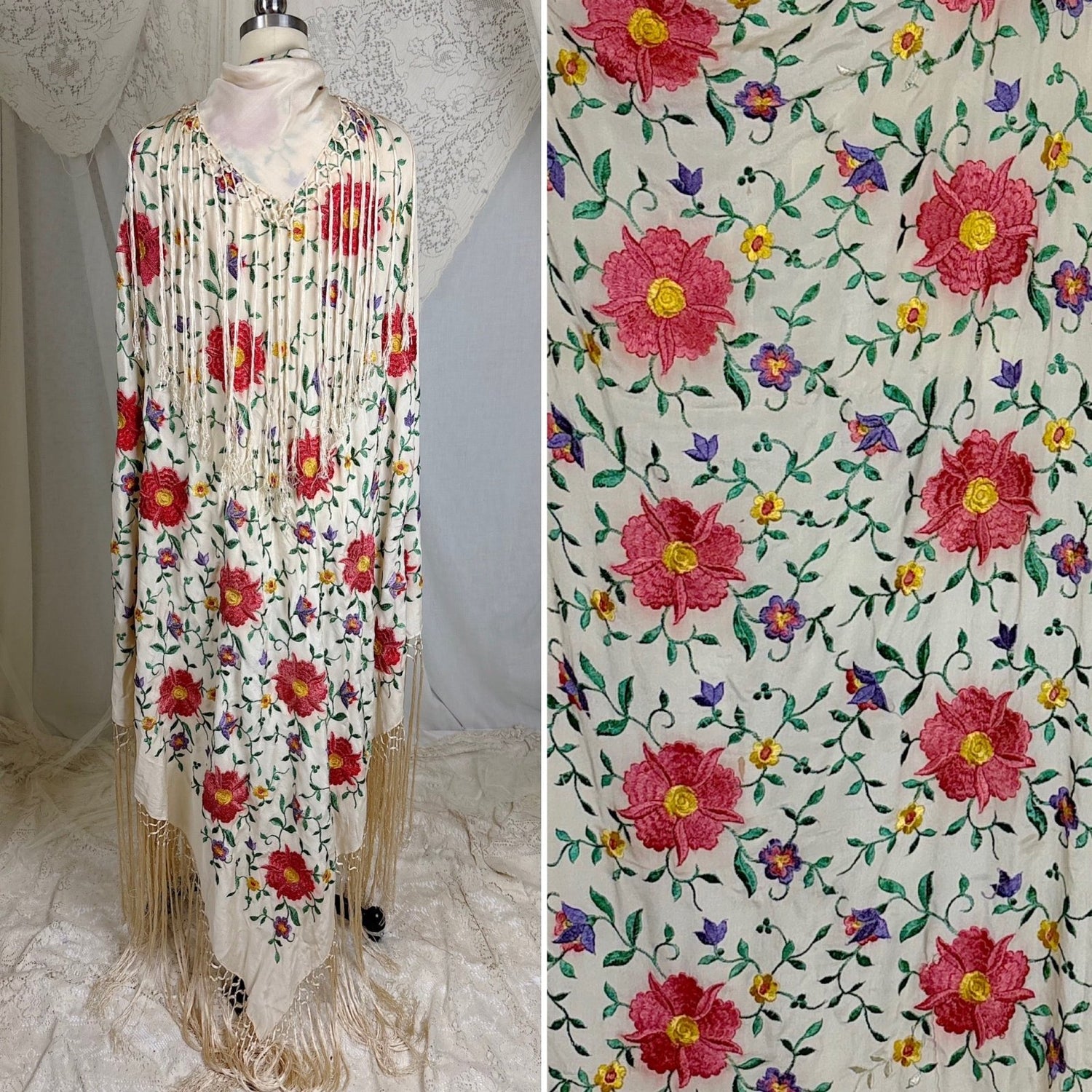 Antique 1920's Embroidered Ivory Silk Piano Shawl with Knotted Fringe - Size 64 x 64 - Daggers & Dames