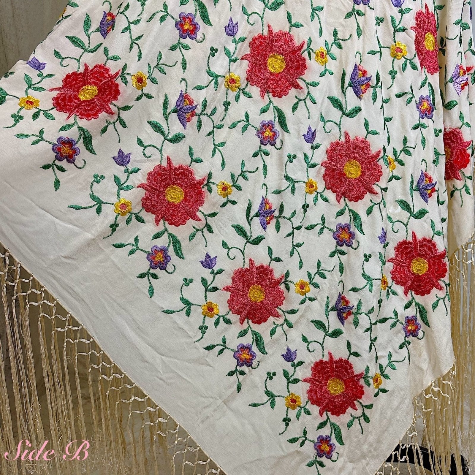 Antique 1920's Embroidered Ivory Silk Piano Shawl with Knotted Fringe - Size 64 x 64 - Daggers & Dames