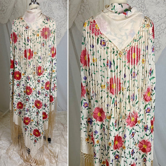 Antique 1920's Embroidered Ivory Silk Piano Shawl with Knotted Fringe - Size 64 x 64 - Daggers & Dames