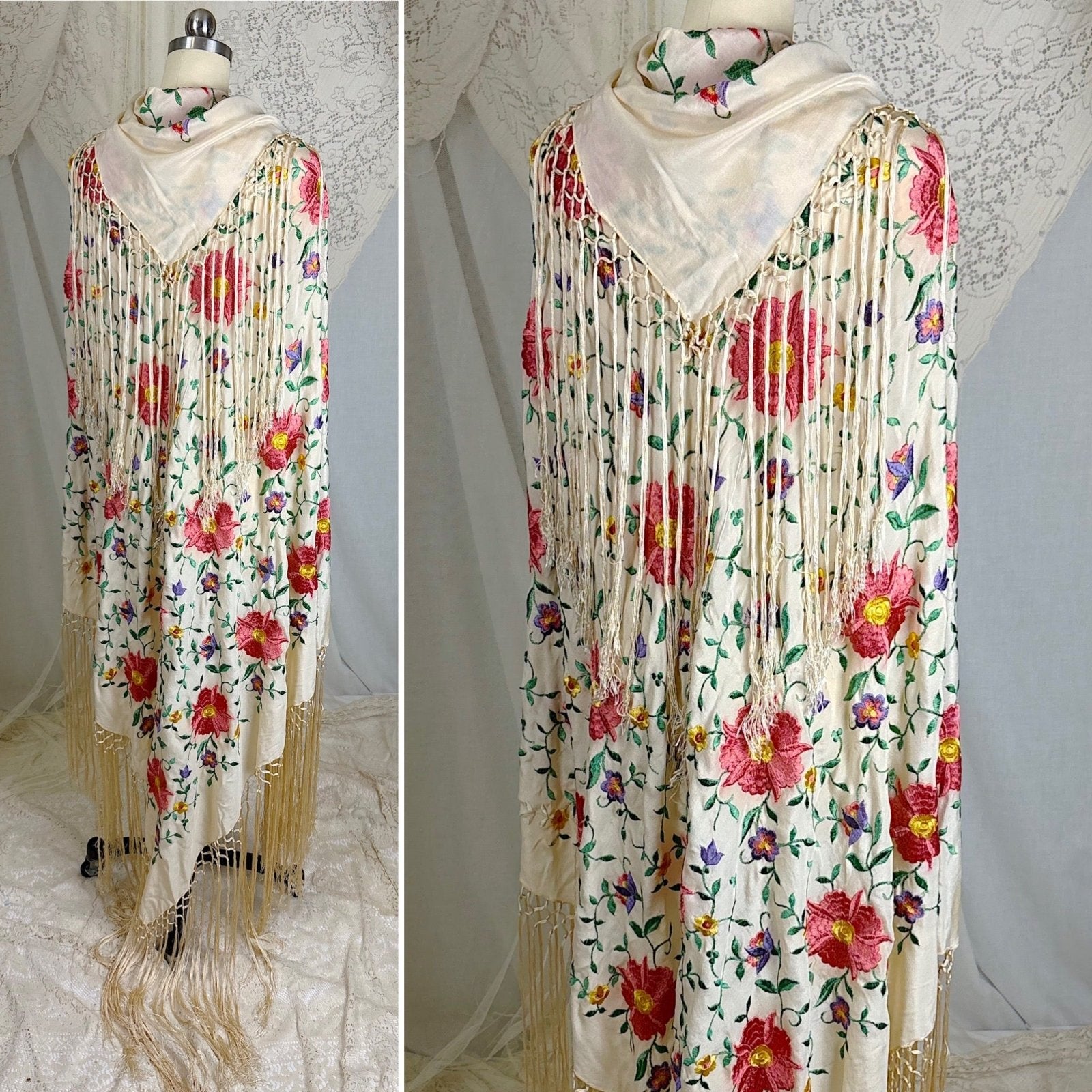 Antique 1920's Embroidered Ivory Silk Piano Shawl with Knotted Fringe - Size 64 x 64 - Daggers & Dames
