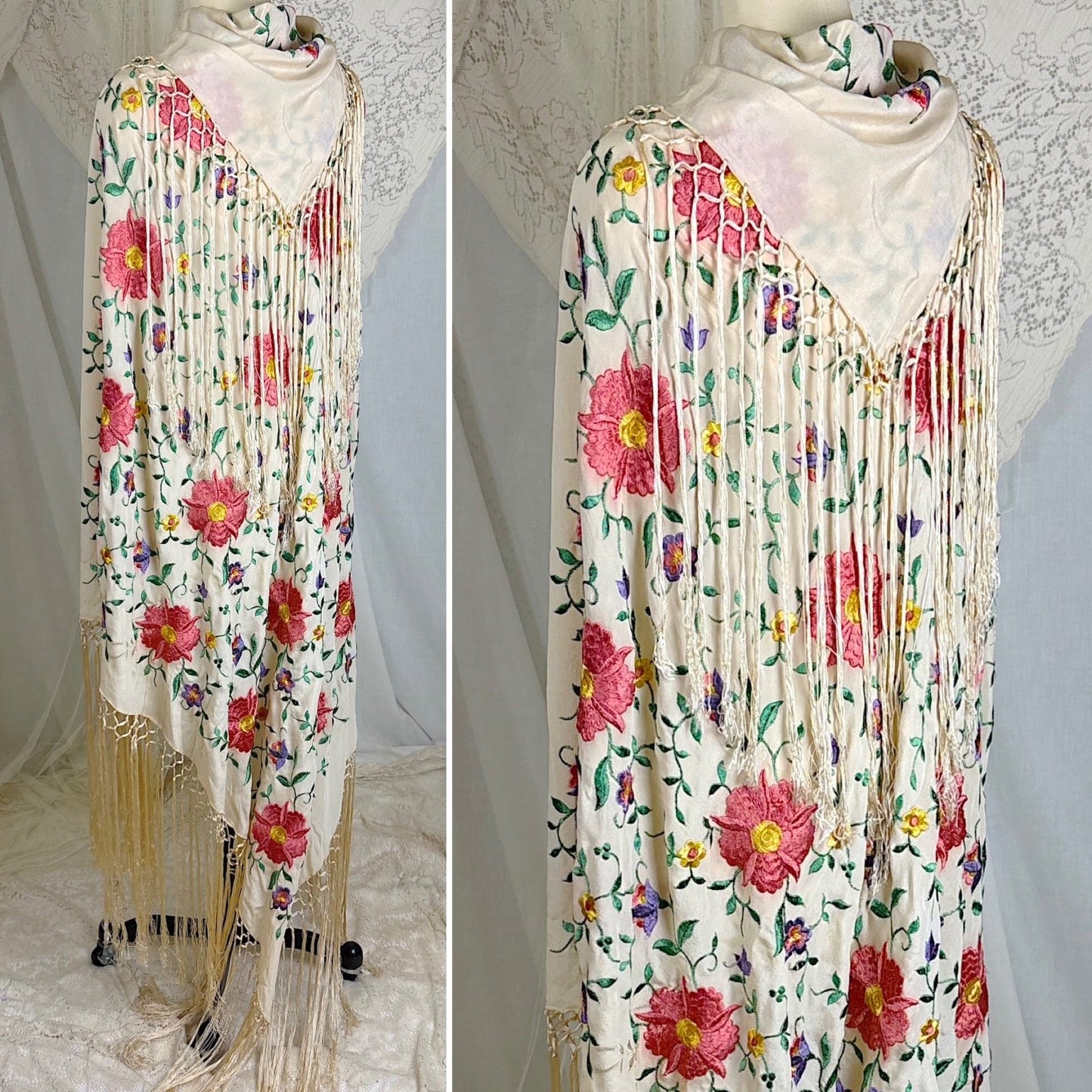 Antique 1920's Embroidered Ivory Silk Piano Shawl with Knotted Fringe - Size 64 x 64 - Daggers & Dames