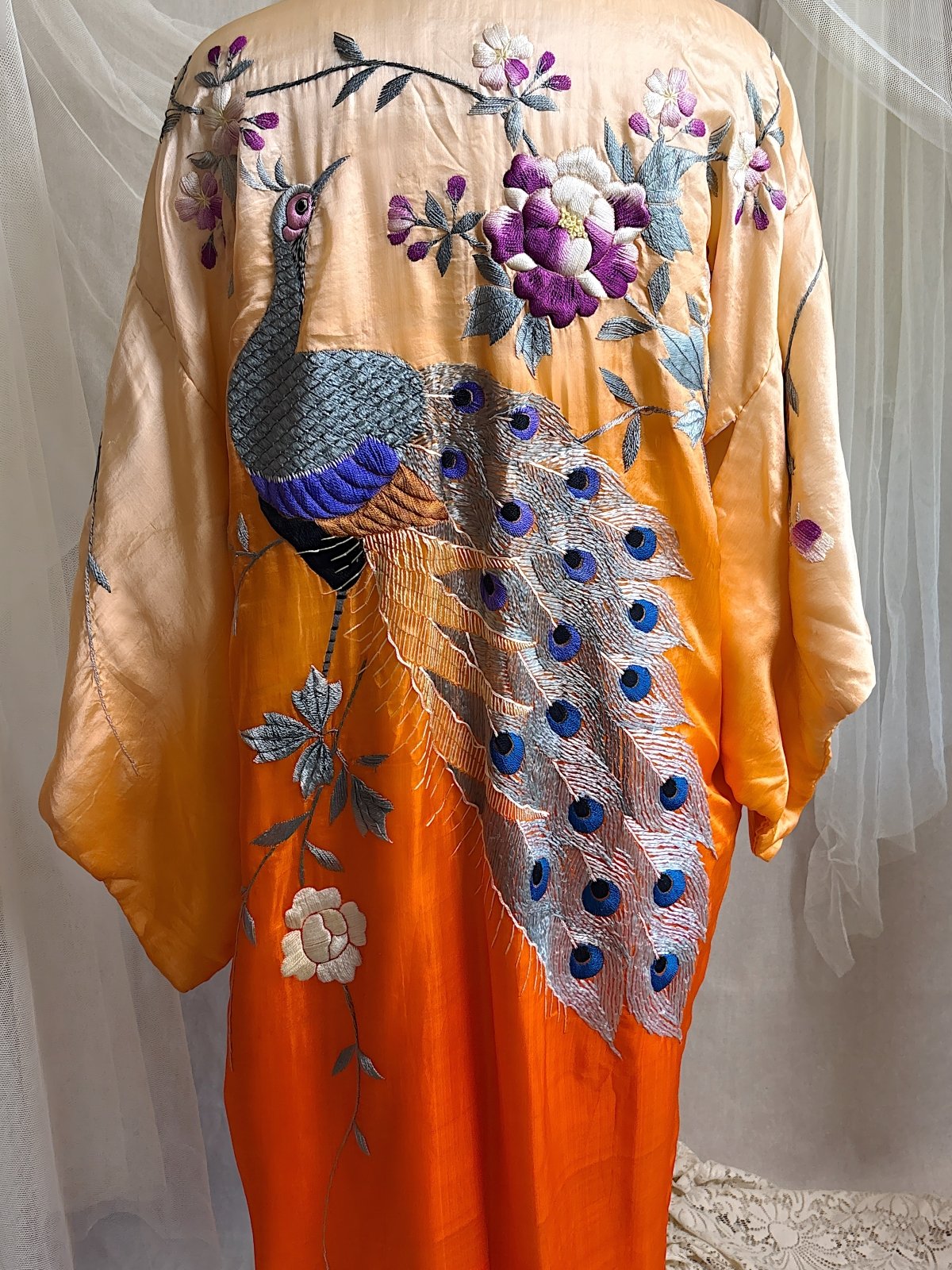 Antique 1920's Japanese Kimono - Bold Orange Ombre Silk with Couched Peacock Hand Embroidery & Fringe Sash | One Size - Daggers & Dames
