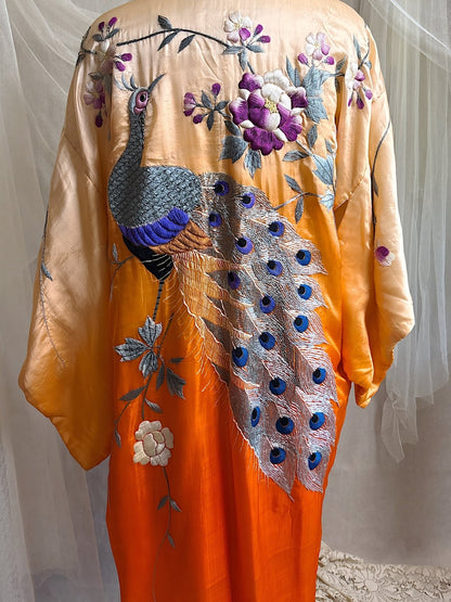Antique 1920's Japanese Kimono - Bold Orange Ombre Silk with Couched Peacock Hand Embroidery & Fringe Sash | One Size - Daggers & Dames