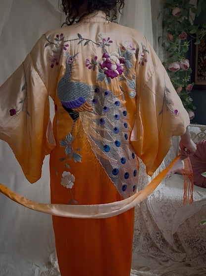 Antique 1920's Japanese Kimono - Bold Orange Ombre Silk with Couched Peacock Hand Embroidery & Fringe Sash | One Size - Daggers & Dames