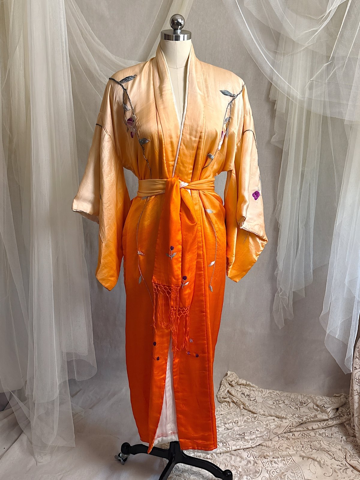 Antique 1920's Japanese Kimono - Bold Orange Ombre Silk with Couched Peacock Hand Embroidery & Fringe Sash | One Size - Daggers & Dames