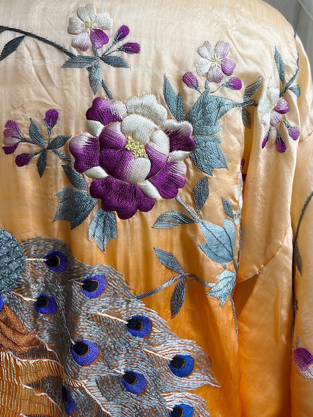 Antique 1920's Japanese Kimono - Bold Orange Ombre Silk with Couched Peacock Hand Embroidery & Fringe Sash | One Size - Daggers & Dames