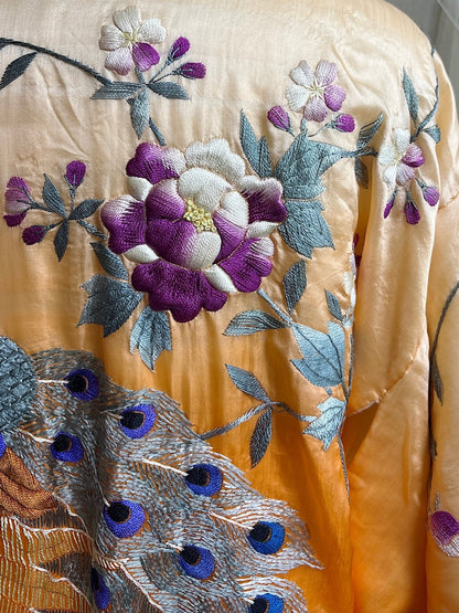 Antique 1920's Japanese Kimono - Bold Orange Ombre Silk with Couched Peacock Hand Embroidery & Fringe Sash | One Size - Daggers & Dames