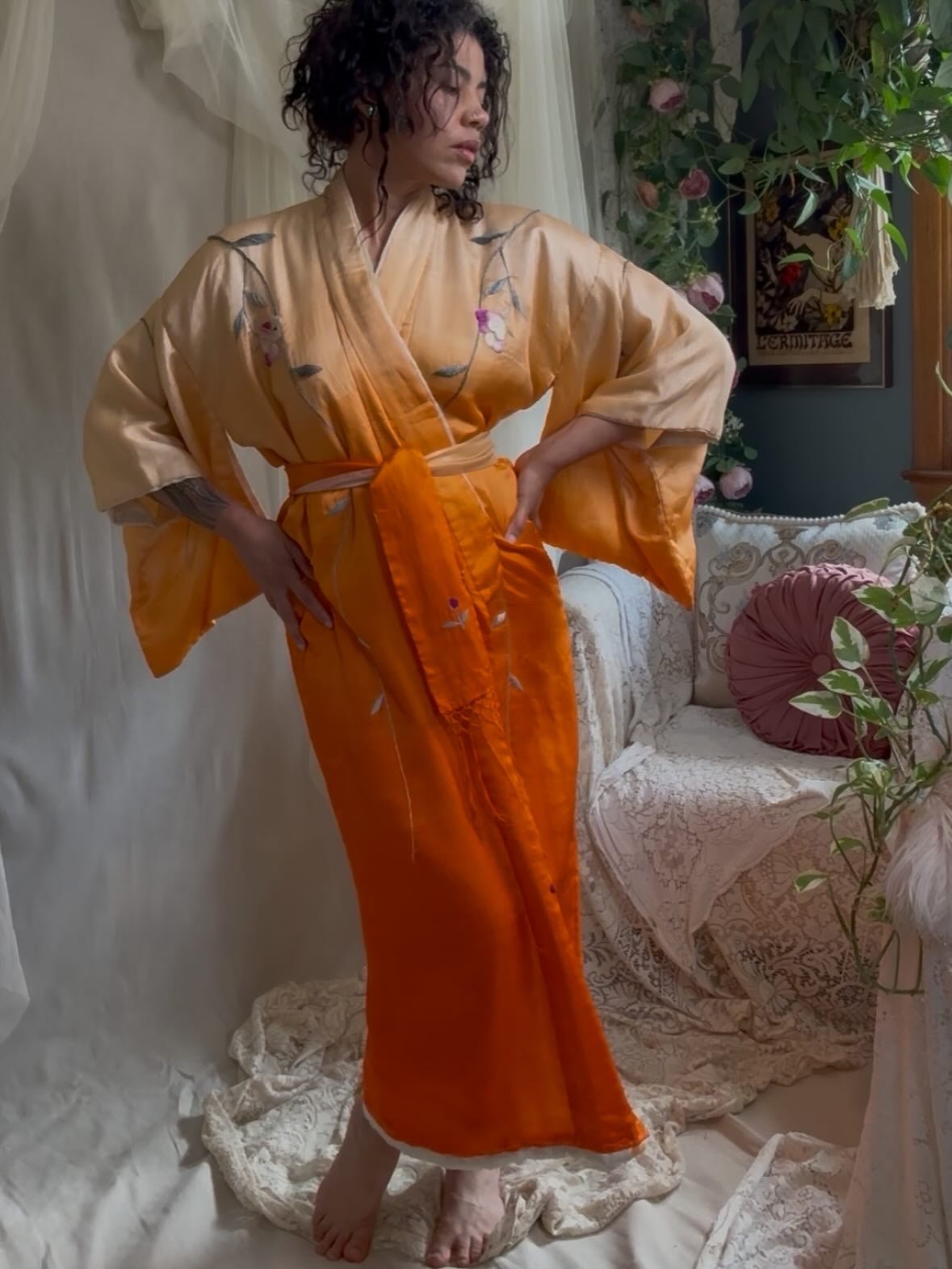 Antique 1920's Japanese Kimono - Bold Orange Ombre Silk with Couched Peacock Hand Embroidery & Fringe Sash | One Size - Daggers & Dames