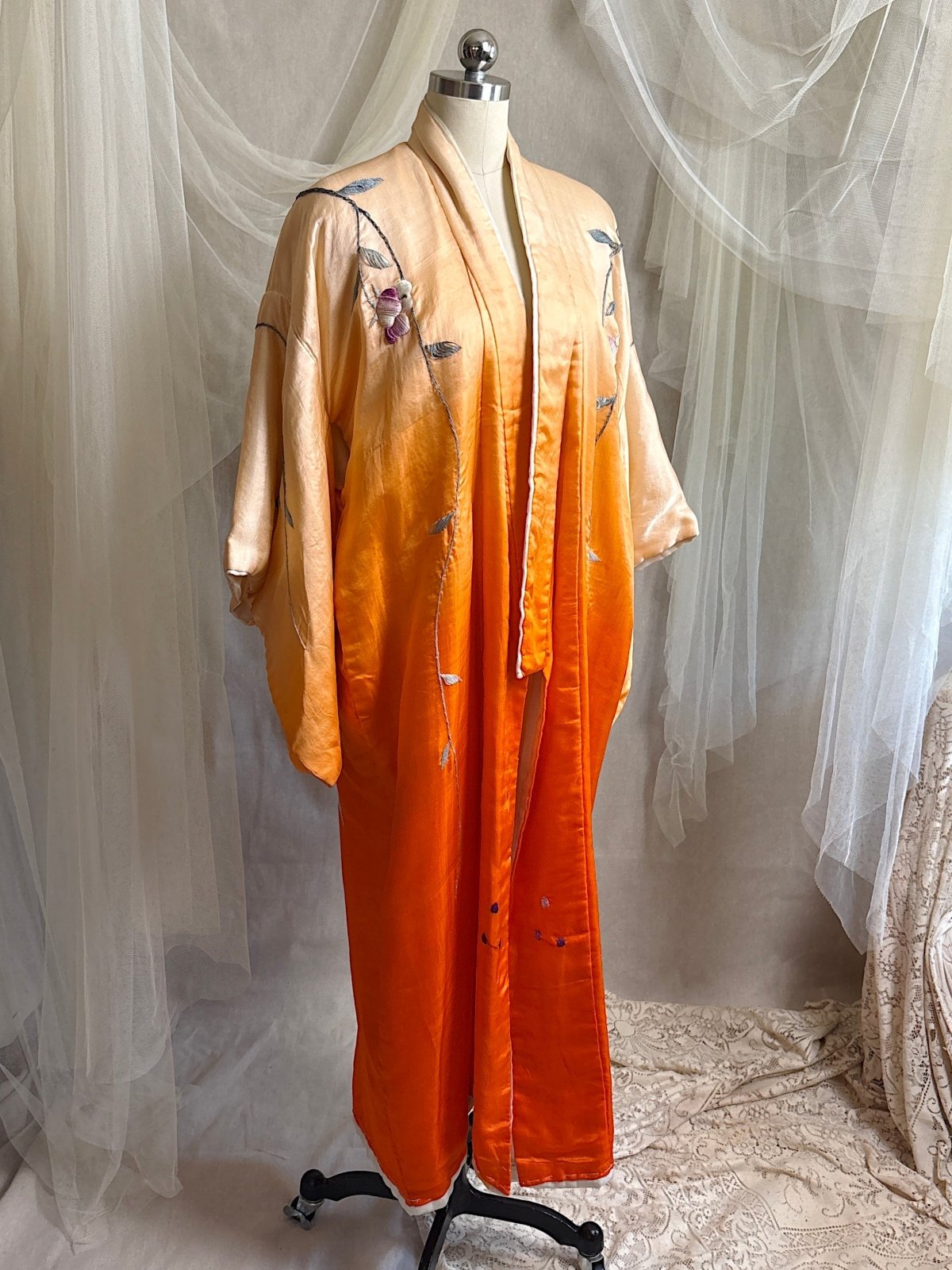 Antique 1920's Japanese Kimono - Bold Orange Ombre Silk with Couched Peacock Hand Embroidery & Fringe Sash | One Size - Daggers & Dames