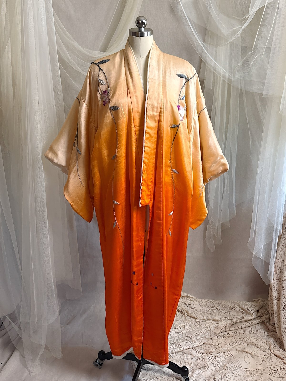 Antique 1920's Japanese Kimono - Bold Orange Ombre Silk with Couched Peacock Hand Embroidery & Fringe Sash | One Size - Daggers & Dames