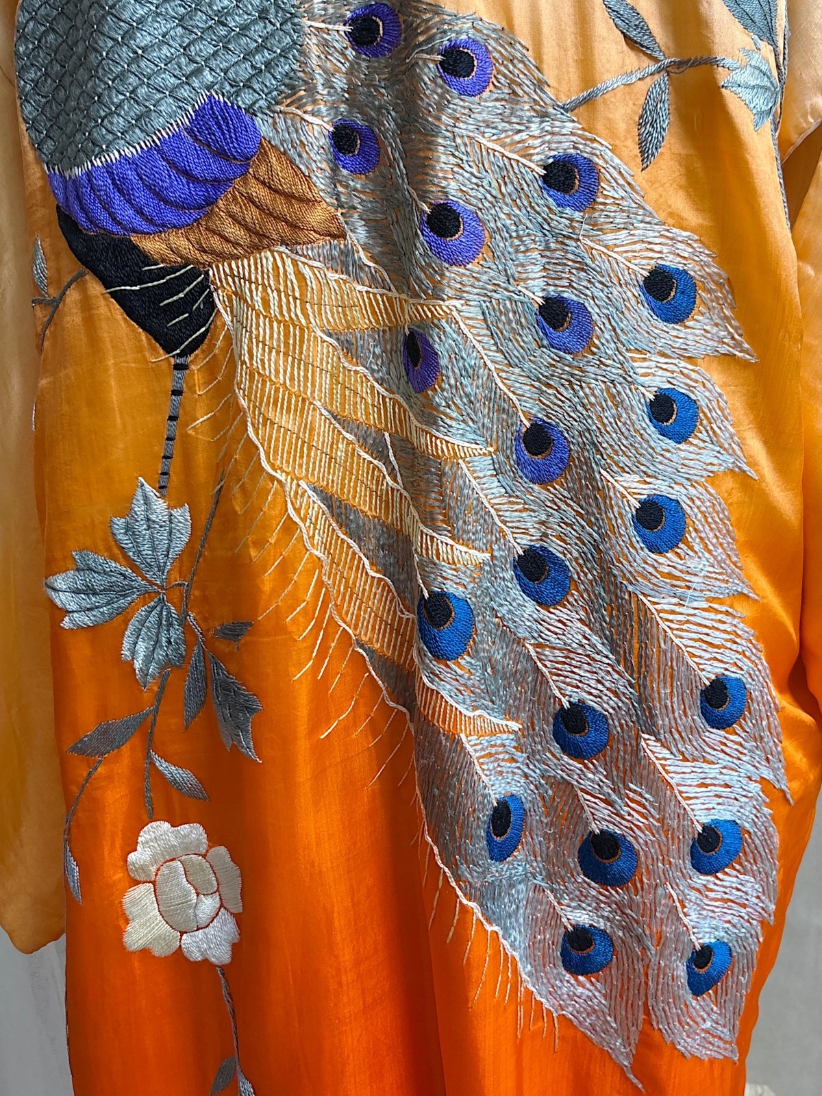 Antique 1920's Japanese Kimono - Bold Orange Ombre Silk with Couched Peacock Hand Embroidery & Fringe Sash | One Size - Daggers & Dames