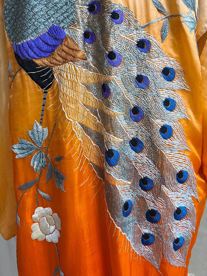 Antique 1920's Japanese Kimono - Bold Orange Ombre Silk with Couched Peacock Hand Embroidery & Fringe Sash | One Size - Daggers & Dames