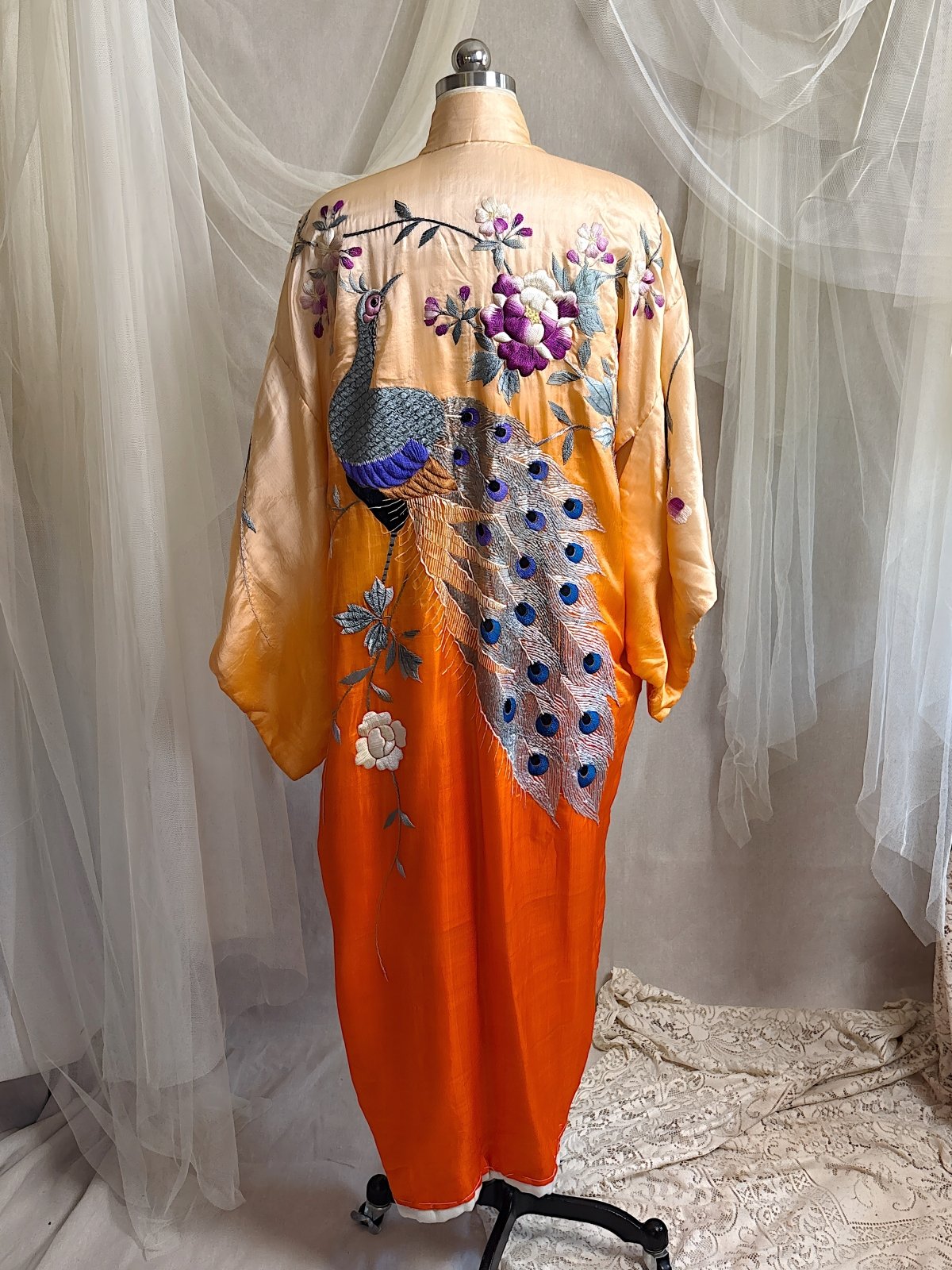 Antique 1920's Japanese Kimono - Bold Orange Ombre Silk with Couched Peacock Hand Embroidery & Fringe Sash | One Size - Daggers & Dames