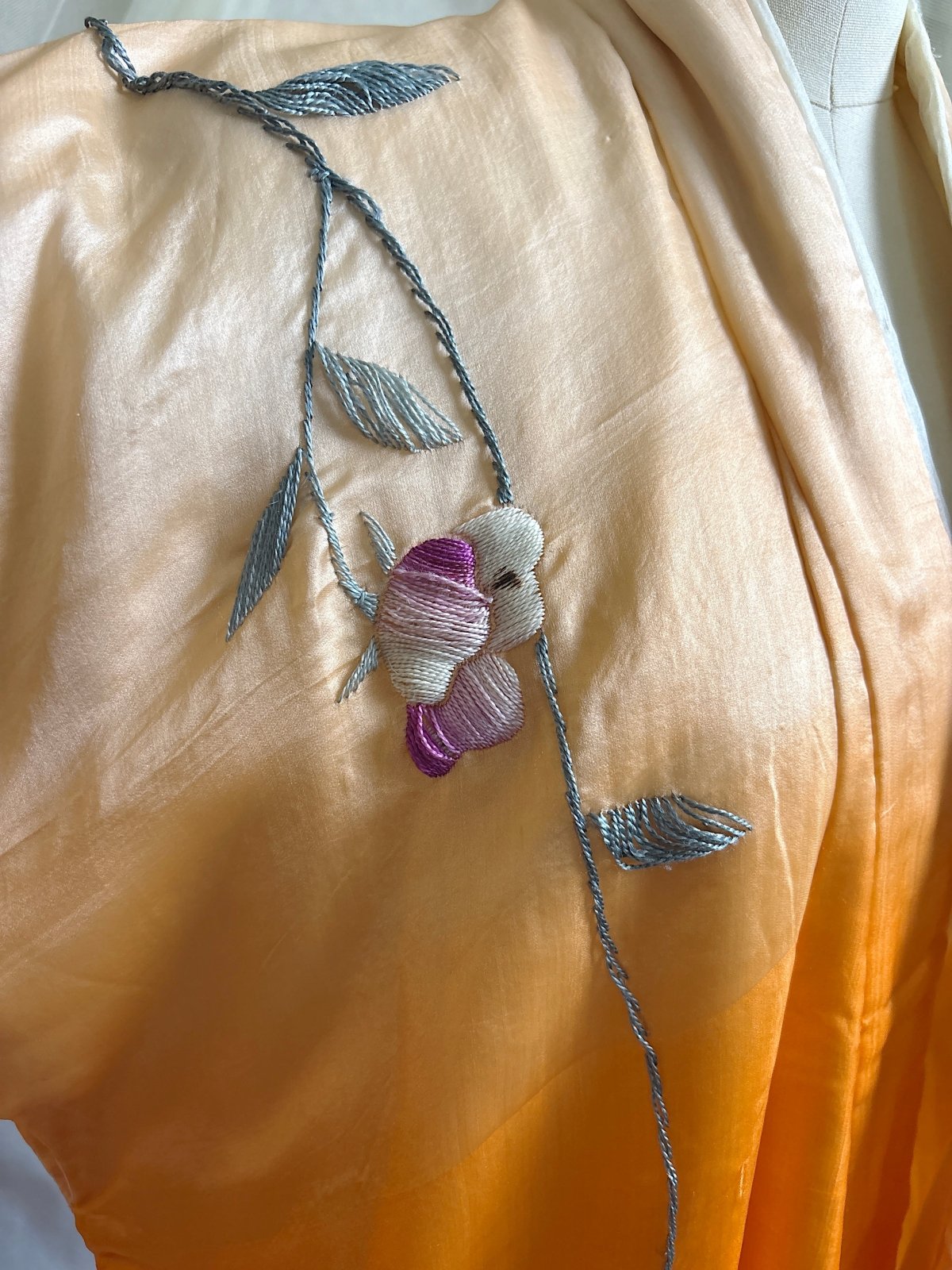 Antique 1920's Japanese Kimono - Bold Orange Ombre Silk with Couched Peacock Hand Embroidery & Fringe Sash | One Size - Daggers & Dames