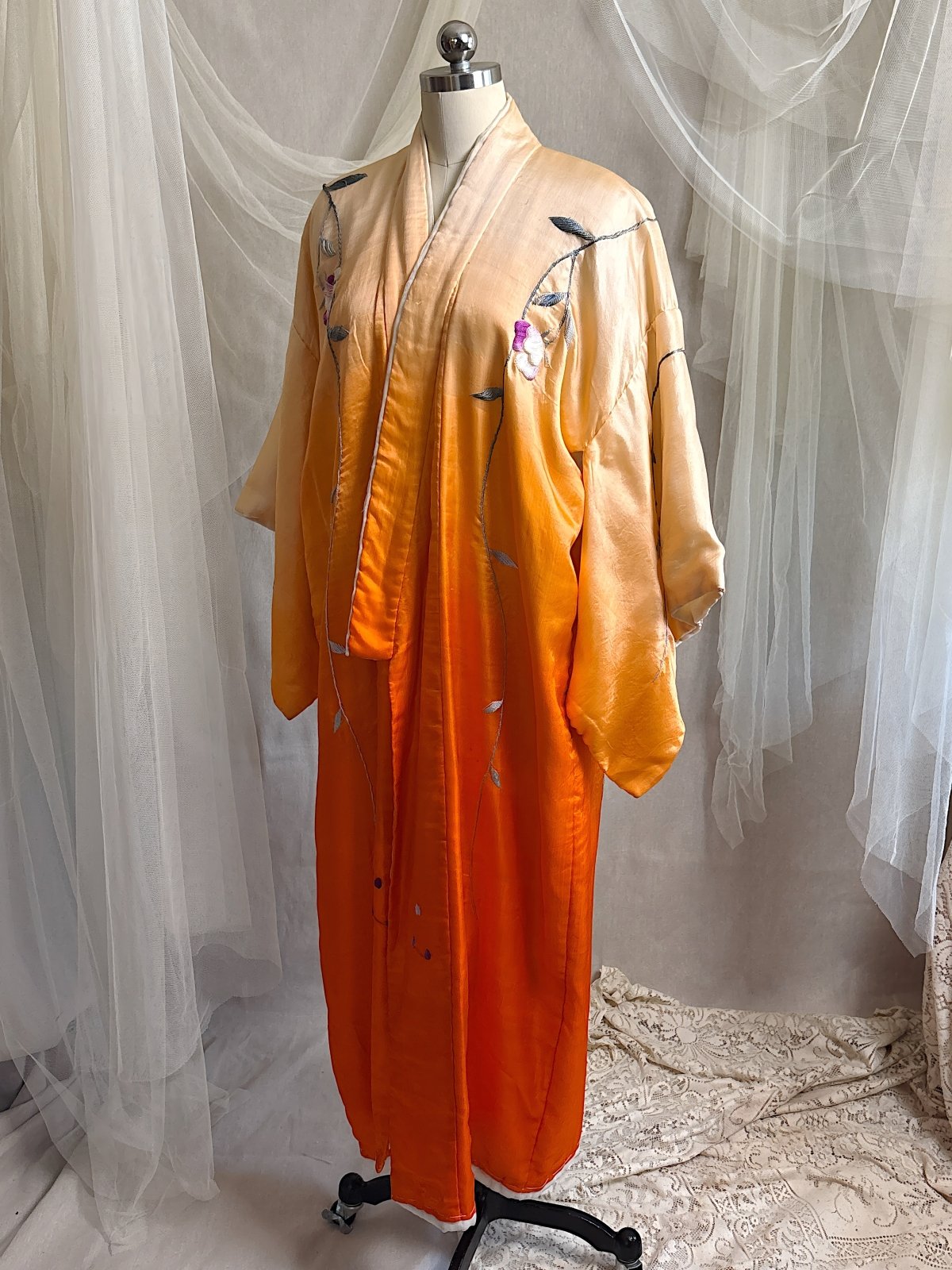 Antique 1920's Japanese Kimono - Bold Orange Ombre Silk with Couched Peacock Hand Embroidery & Fringe Sash | One Size - Daggers & Dames