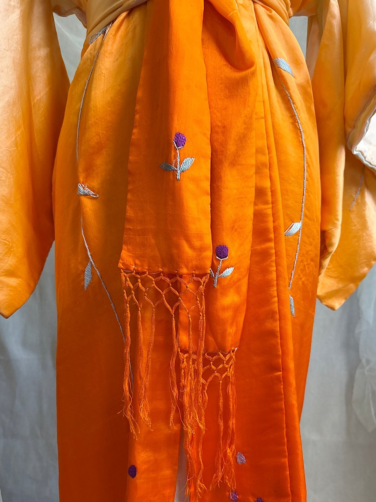 Antique 1920's Japanese Kimono - Bold Orange Ombre Silk with Couched Peacock Hand Embroidery & Fringe Sash | One Size - Daggers & Dames