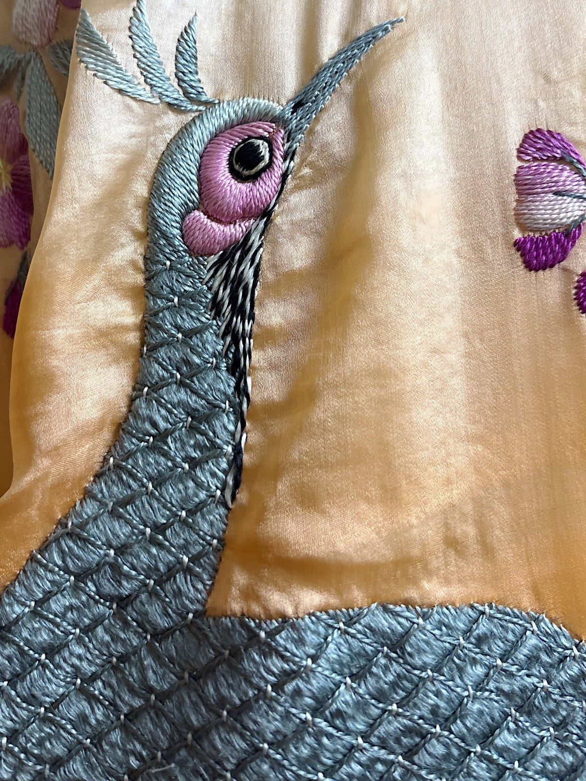 Antique 1920's Japanese Kimono - Bold Orange Ombre Silk with Couched Peacock Hand Embroidery & Fringe Sash | One Size - Daggers & Dames