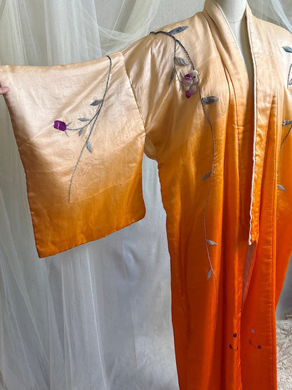 Antique 1920's Japanese Kimono - Bold Orange Ombre Silk with Couched Peacock Hand Embroidery & Fringe Sash | One Size - Daggers & Dames