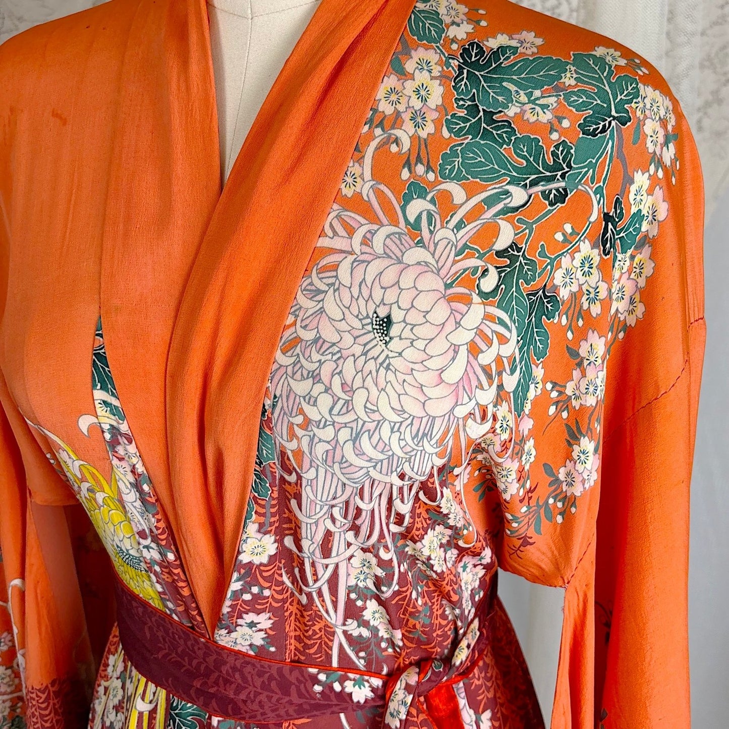 Antique 1920's Orange & Burgundy Floral Print Silk Japanese Kimono Robe, size Free - Daggers & Dames