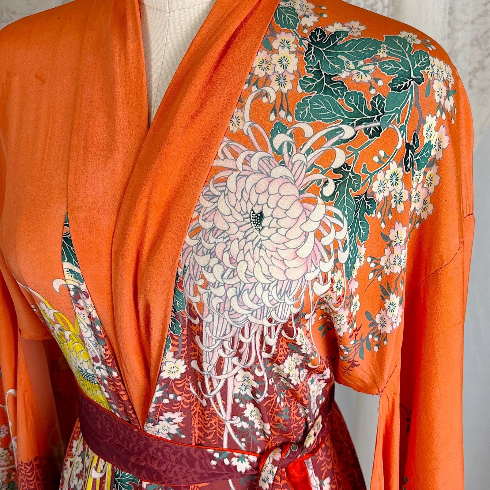 Antique 1920's Orange & Burgundy Floral Print Silk Japanese Kimono Robe, size Free - Daggers & Dames