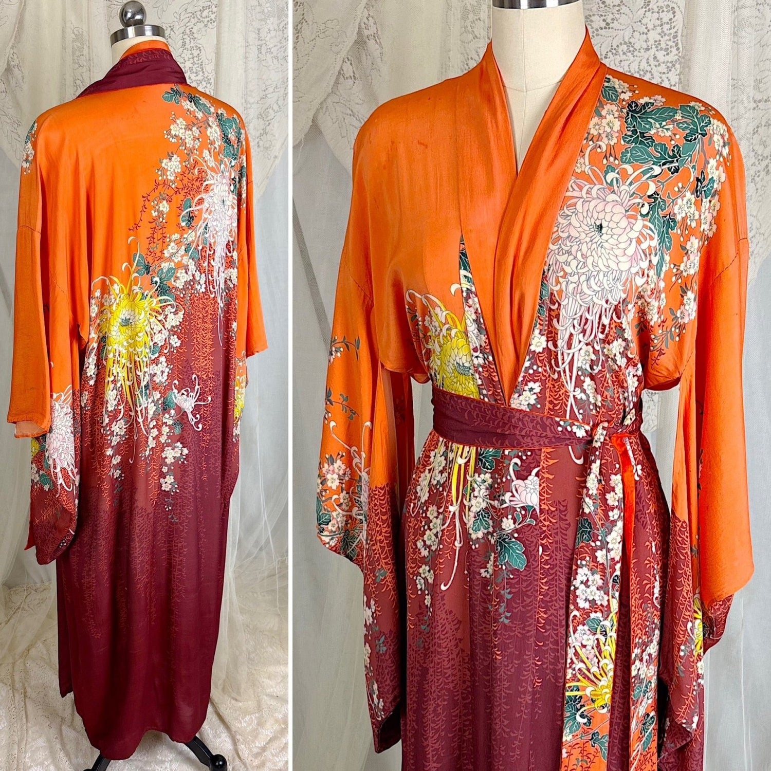 Antique 1920's Orange & Burgundy Floral Print Silk Japanese Kimono Robe, size Free - Daggers & Dames