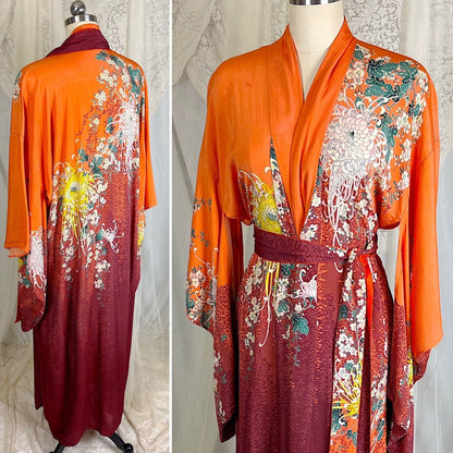 Antique 1920's Orange & Burgundy Floral Print Silk Japanese Kimono Robe, size Free - Daggers & Dames