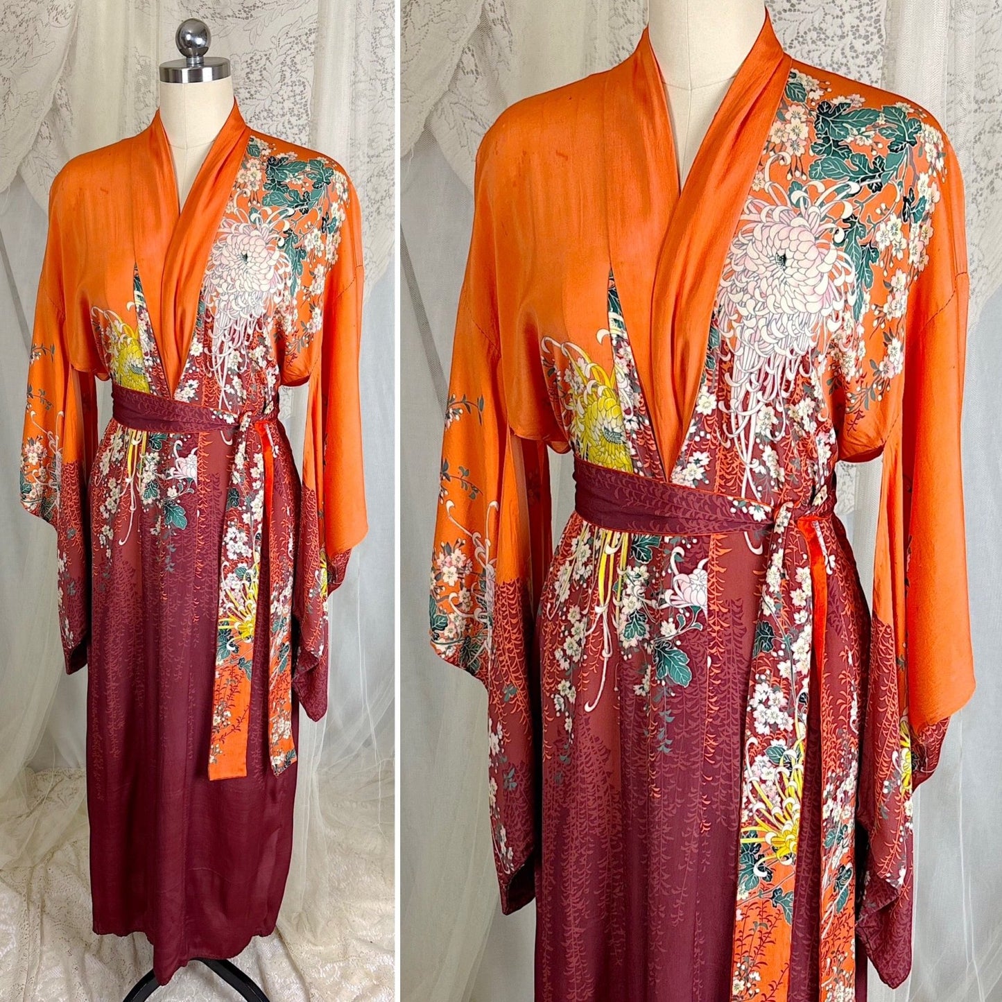 Antique 1920's Orange & Burgundy Floral Print Silk Japanese Kimono Robe, size Free - Daggers & Dames