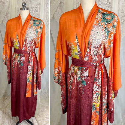 Antique 1920's Orange & Burgundy Floral Print Silk Japanese Kimono Robe, size Free - Daggers & Dames