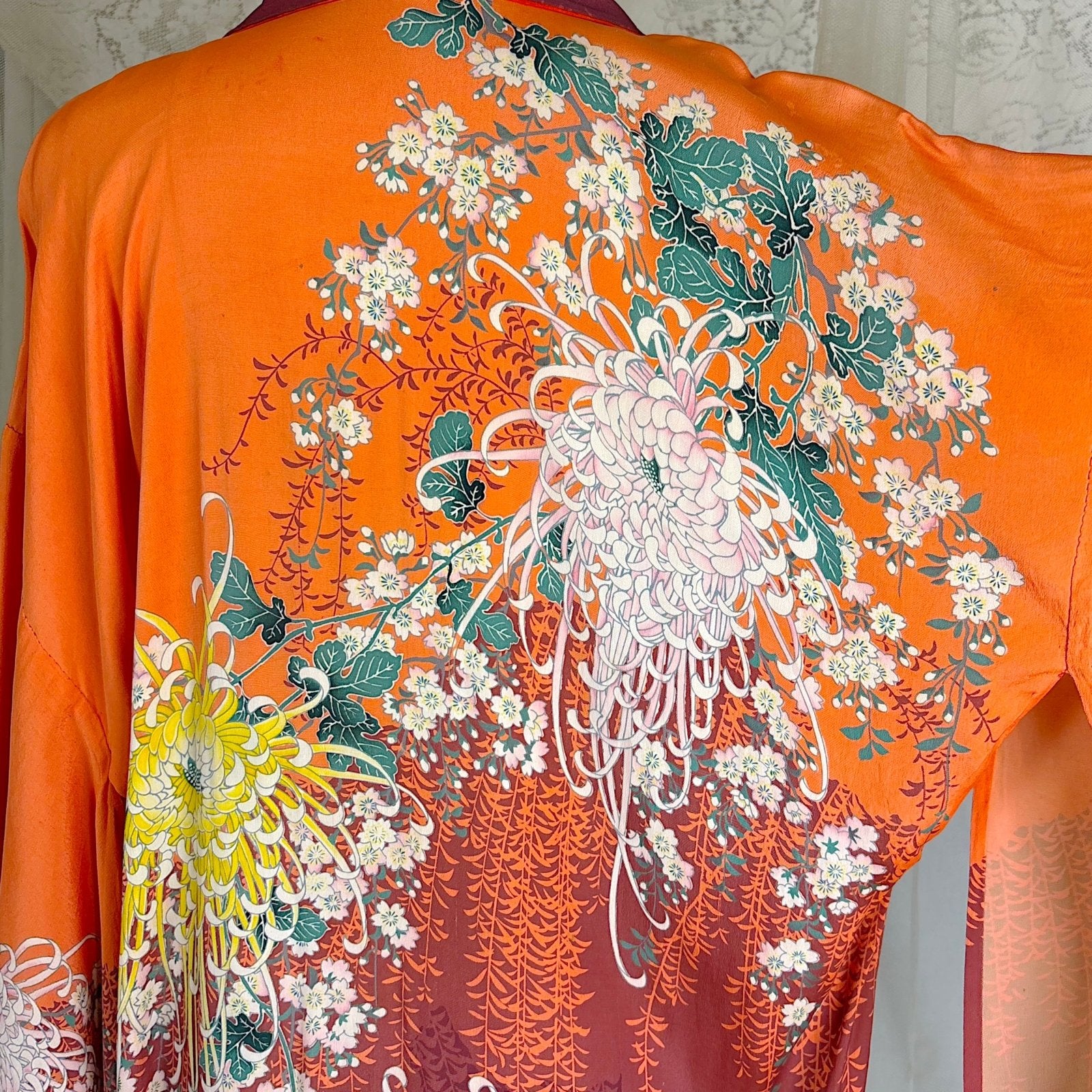 Antique 1920's Orange & Burgundy Floral Print Silk Japanese Kimono Robe, size Free - Daggers & Dames