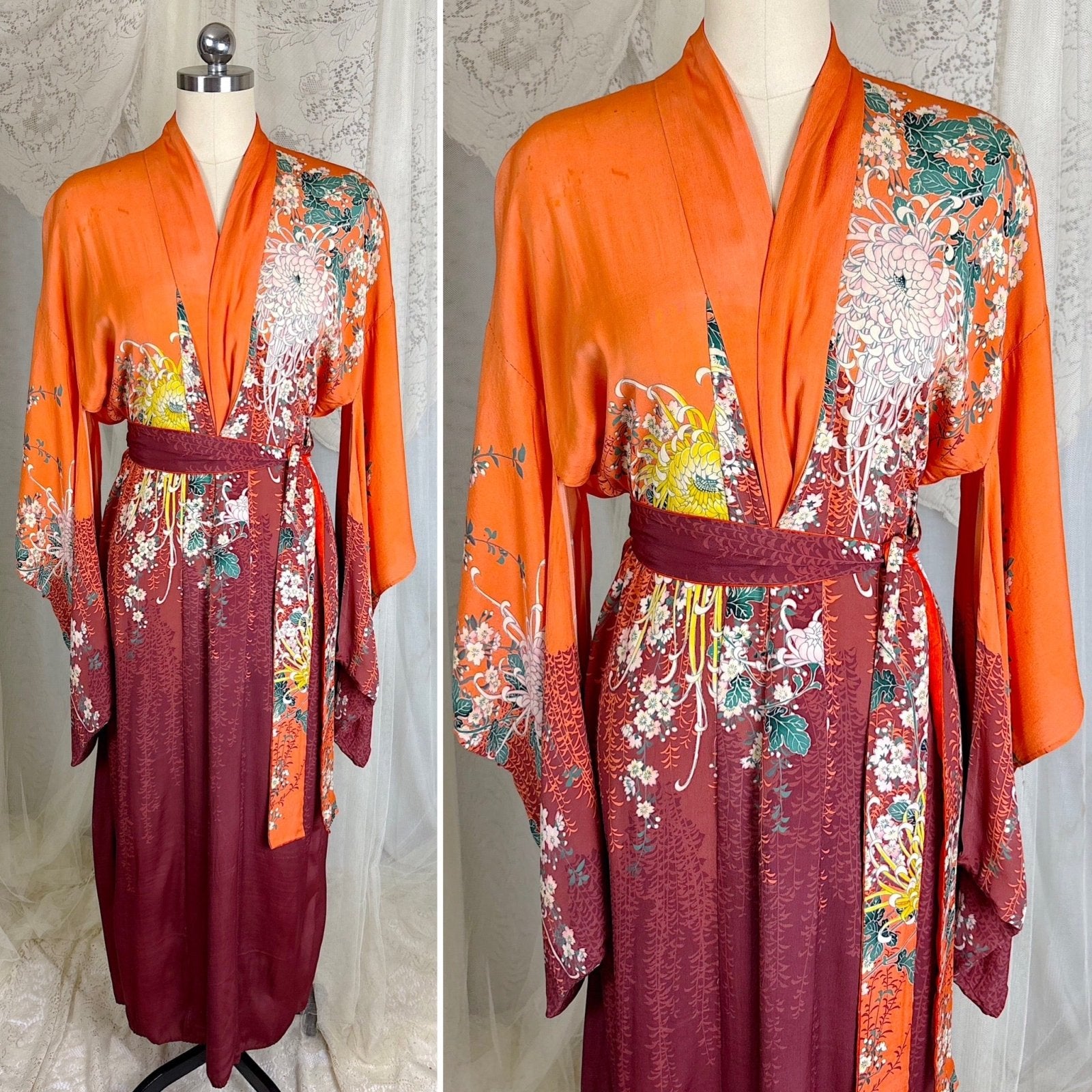 Antique 1920's Orange & Burgundy Floral Print Silk Japanese Kimono Robe, size Free - Daggers & Dames