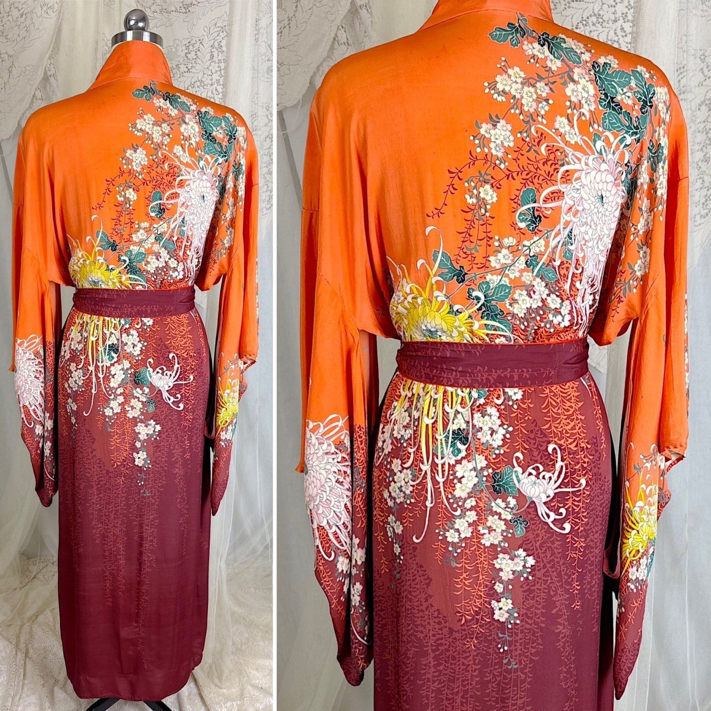 Antique 1920's Orange & Burgundy Floral Print Silk Japanese Kimono Robe, size Free - Daggers & Dames