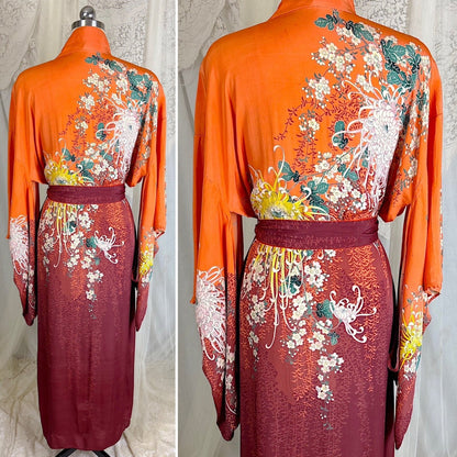 Antique 1920's Orange & Burgundy Floral Print Silk Japanese Kimono Robe, size Free - Daggers & Dames
