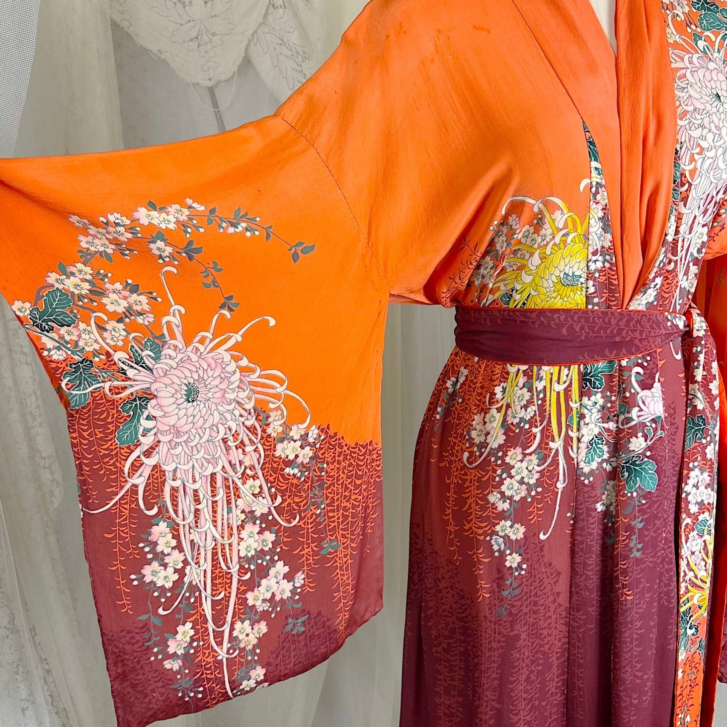 Antique 1920's Orange & Burgundy Floral Print Silk Japanese Kimono Robe, size Free - Daggers & Dames